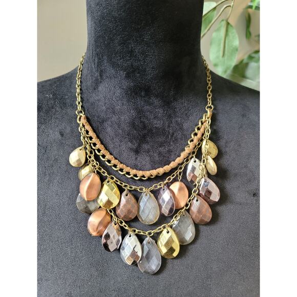Women's Statement Bib Necklace Multi Tone Teardrop Pendant Chain Lobster Clasp - Picture 1 of 6